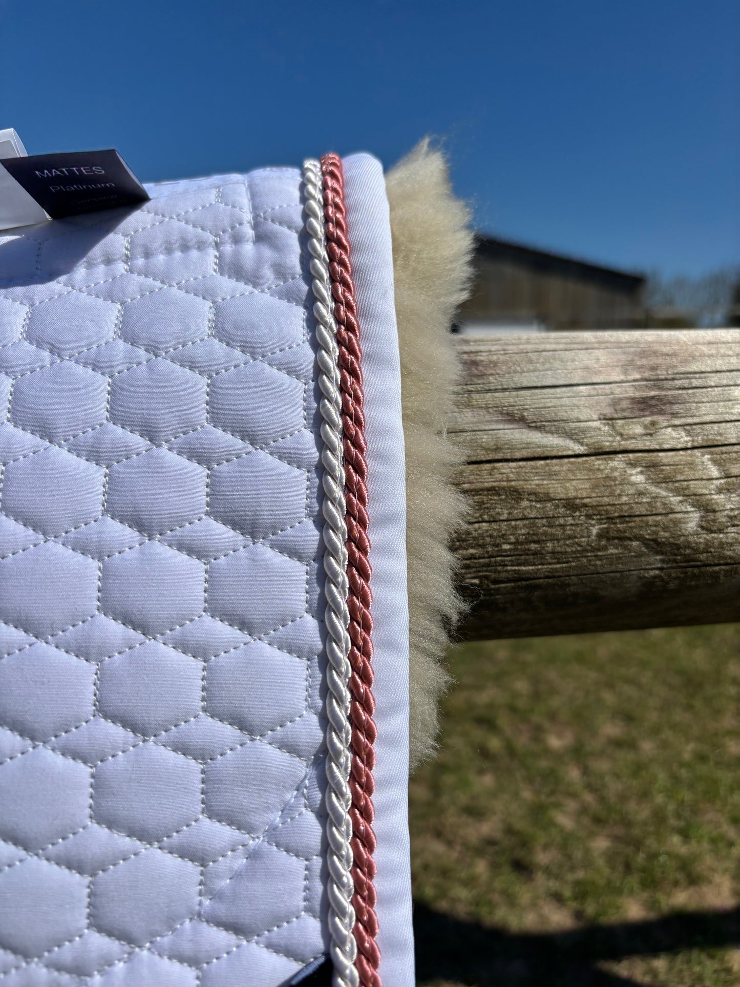 Tapis de dressage Blanc, mouton Platin, bord perle / bonbon - Mattes