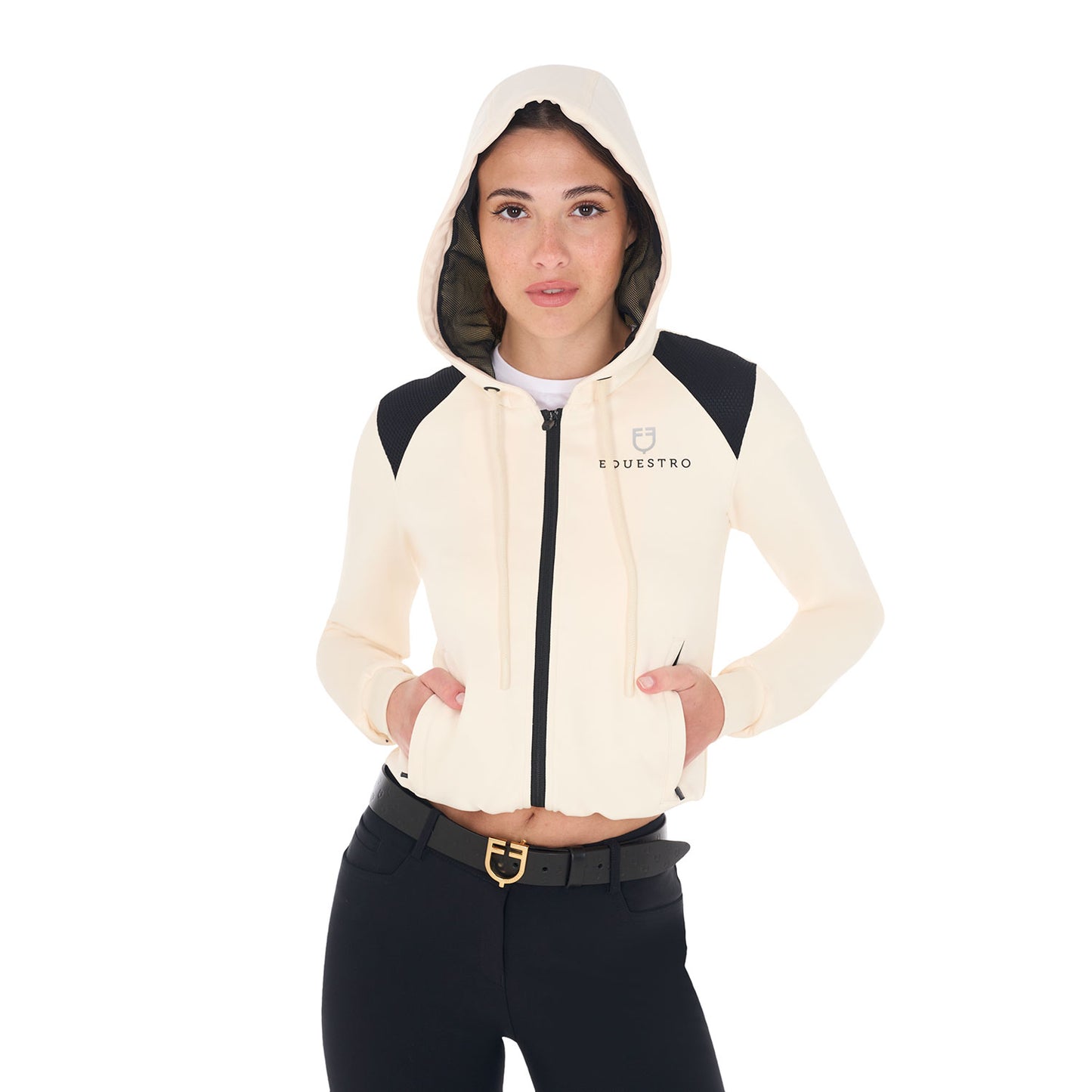 Sweat à capuche court à zip, Antique white - Equestro Spring / Summer 25